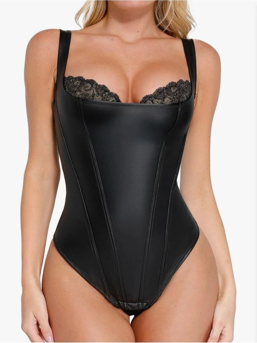 Sleek Black Faux Leather Lace-Trim Bodysuit